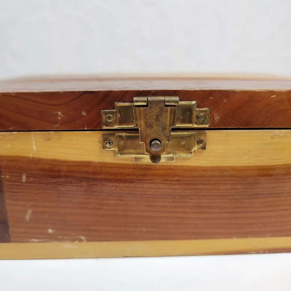 Vintage Mango Wood Box Two Tone Brown Trinket Jewelry Hinged Closure Hollywood